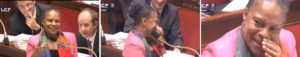 La ministre de la Justice Christiane Taubira a dû s'interrompre en plein débat sur le mariage pour tous, à cause d'une crise de rire.