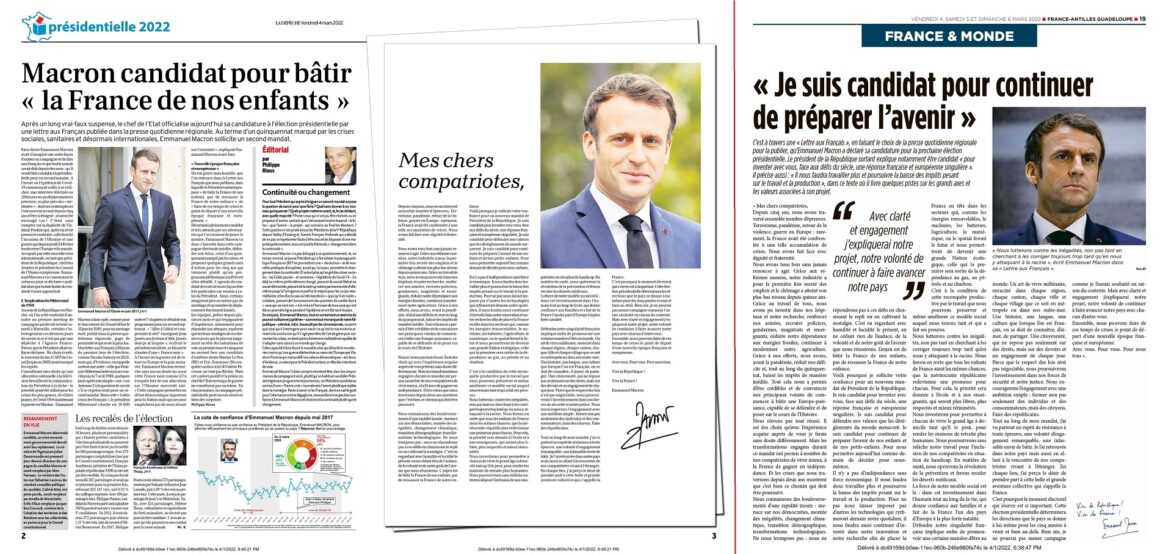 Emmanuel Macron a vu sa lettre de déclaration de candidature adressée à la presse le 3 mars publiée dans les titres de la presse quotidienne le 4 mars. Ici l'exemple du quotidien La dépêche du midi qui présente à ses 2,441 millions de lecteurs le 4 mars en vis-à-vis des articles journalistiques en page 2, une pleine mise en page publicitaire en page 3. Le quotidien France-Antilles Guadeloupe a procédé à une mise en page dans ses pages France de l'édition du 4 mars. Emmanuel Macron a vu sa lettre de déclaration de candidature adressée à la presse le 3 mars publiée dans les titres de la presse quotidienne le 4 mars. Ici l'exemple du quotidien La dépêche du midi qui présente à ses 2,441 millions de lecteurs le 4 mars en vis-à-vis des articles journalistiques en page 2, une pleine mise en page publicitaire en page 3. Le quotidien France-Antilles Guadeloupe a procédé à une mise en page dans ses pages France de l'édition du 4 mars.