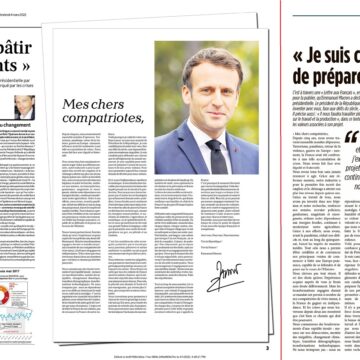 Emmanuel Macron a vu sa lettre de déclaration de candidature adressée à la presse le 3 mars publiée dans les titres de la presse quotidienne le 4 mars. Ici l'exemple du quotidien La dépêche du midi qui présente à ses 2,441 millions de lecteurs le 4 mars en vis-à-vis des articles journalistiques en page 2, une pleine mise en page publicitaire en page 3. Le quotidien France-Antilles Guadeloupe a procédé à une mise en page dans ses pages France de l'édition du 4 mars. Emmanuel Macron a vu sa lettre de déclaration de candidature adressée à la presse le 3 mars publiée dans les titres de la presse quotidienne le 4 mars. Ici l'exemple du quotidien La dépêche du midi qui présente à ses 2,441 millions de lecteurs le 4 mars en vis-à-vis des articles journalistiques en page 2, une pleine mise en page publicitaire en page 3. Le quotidien France-Antilles Guadeloupe a procédé à une mise en page dans ses pages France de l'édition du 4 mars.