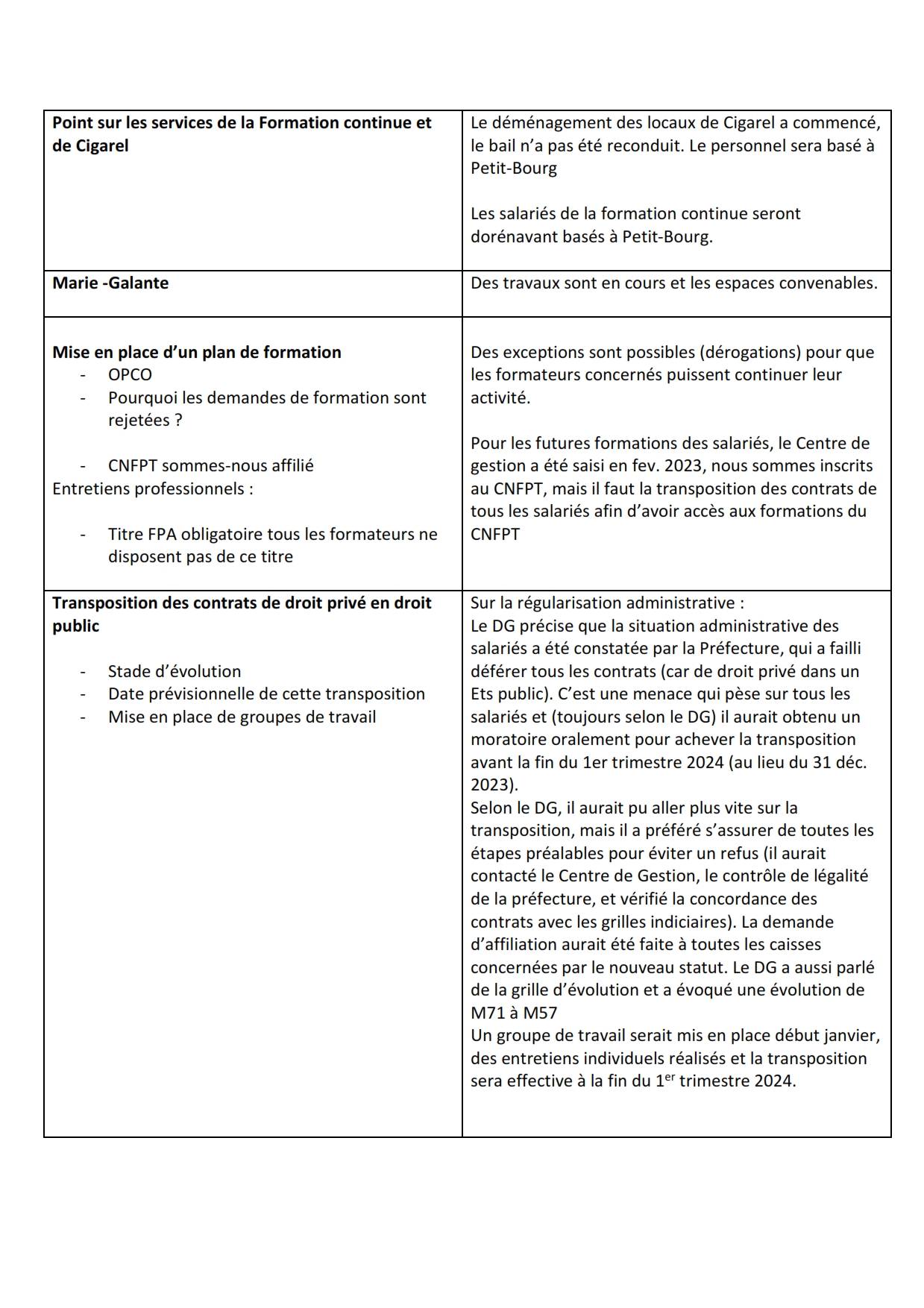 Guadeloupe formation compte rendu réunion CGTG direction générale 1 décembre 2023 p4
