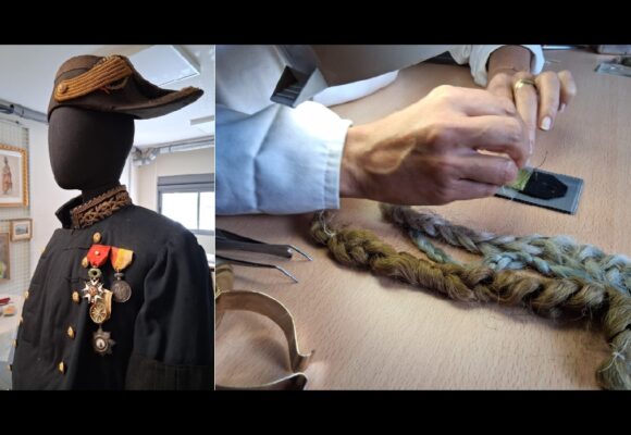 Le grand uniforme de Camille Mortenol, officier de marine guadeloupéen et héros de la Première Guerre mondiale, stabilisé au Musarth par Stéphanie Ovide, restauratrice du patrimoine textile.