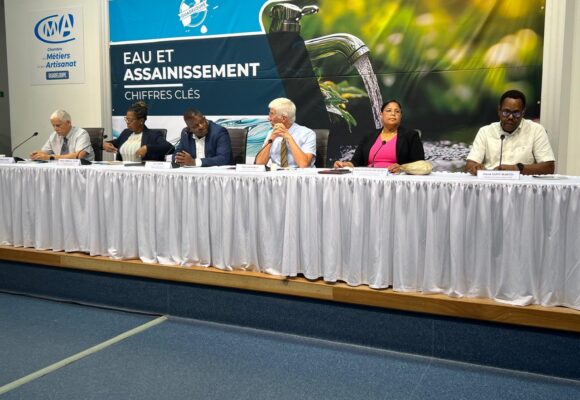 La délégation qui a présenté les « chiffres de l'eau » de l’année 2023. De droite à gauche : Patrick Saint-Martin (ARS), Sylvie Gustave dit Duflot (Région/OFB), Thierry Devimeux (préfet), Guy Losbar (Département), Isabelle Amirail-Jomie (Office de l'eau) et Dominique Laban (Smgeag). C'est le préfet qui a livré le diagnostic le plus sévère. Photo : Le Courrier de Guadeloupe