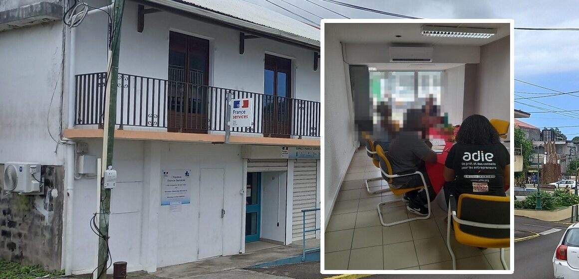 La devanture du local France services de Sainte-Rose, lieu des Cafés créateurs de l’Adie. À droite en incrustation, une session d’accompagnement qui illustre le dispositif. Photomontage LCG. La devanture du local France services de Sainte-Rose, lieu des Cafés créateurs de l’Adie. À droite en incrustation, une session d’accompagnement qui illustre le dispositif. Photomontage LCG.