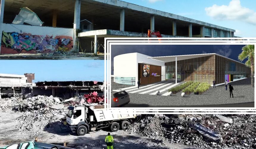 En fond, l'ancienne aérogare du Raizet détruite, dont le site doit accueillir le futur pôle technique de Cap excellence dont la vue de la maquette du projet est au centre. Photomontage : LCG