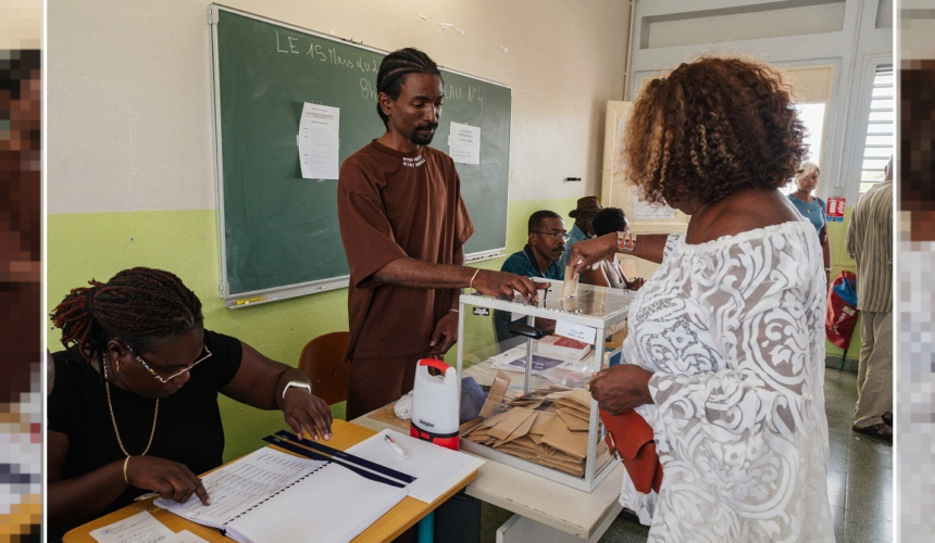 À l’intérieur d’un bureau de vote lors des élections municipales au Gosier le 15 mars 2026. Photo : Astrid Lagougine / Hans Lucas via AFP
